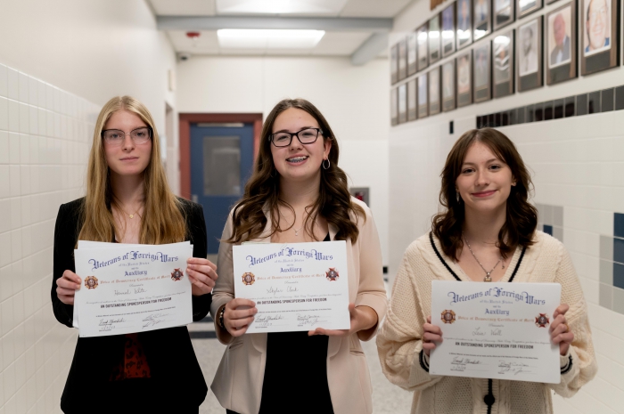 Voices of Democracy essay contestants from left to right: Hannah White (third place), Skylar Clark (first place) and Leia Wall (second place). 